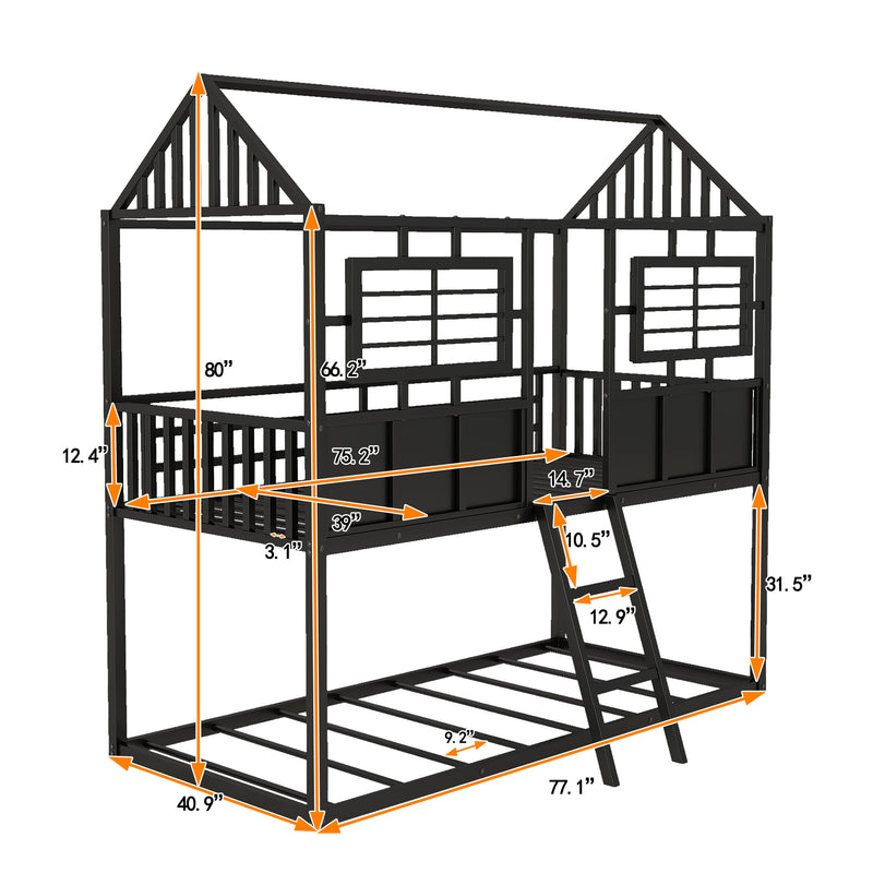 Twin over Twin Size Metal Low Bunk Beds with Roof and Fence-shaped Guardrail, Black