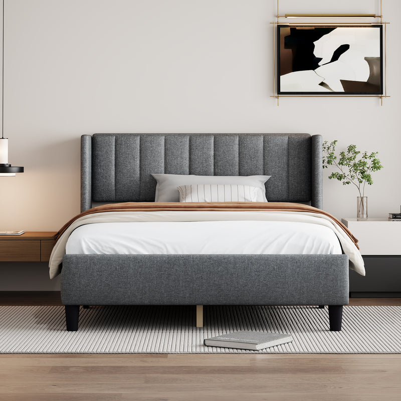 Queen size Upholstered Platform Bed Frame with Headboard, Mattress Foundation, Wood Slat Support, Quiet, no Box Spring Needed, Easy to Assemble Light Grey