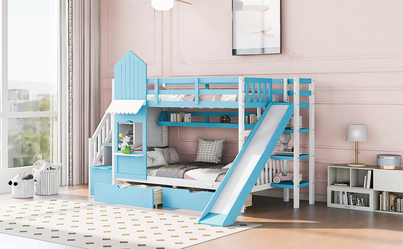 Twin-Over-Twin Castle Style Bunk Bed with 2 Drawers 3 Shelves and Slide - Blue