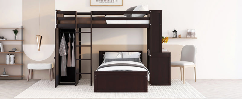 Twin size Loft Bed with a Stand-alone bed, Shelves,Desk,and Wardrobe-Espresso