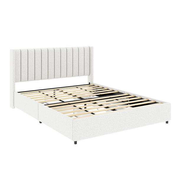 Anda - Boucle Upholstered Platform Bed With Patented Drawers Storage - Ivory