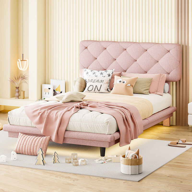 Twin Size Upholstered Bed with Light Stripe, Floating Platform Bed, Linen Fabric,Pink