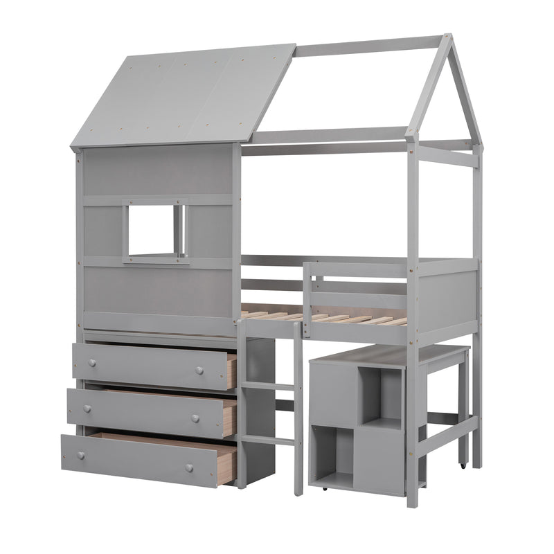 Twin Size House Loft Bed with Storage Desk and 3 Drawer Chest, Gray