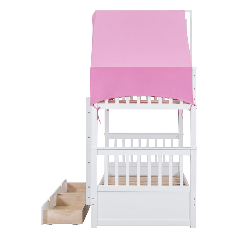 Twin Over Twin Bunk Bed Wood Bed with Tent and Drawers, White+Pink Tent