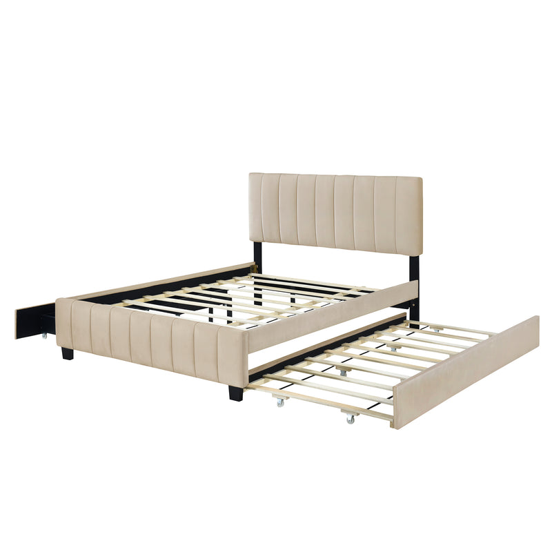 Queen Size Velvet Upholstered Platform Bed with 2 Drawers and 1 Twin XL Trundle- Beige