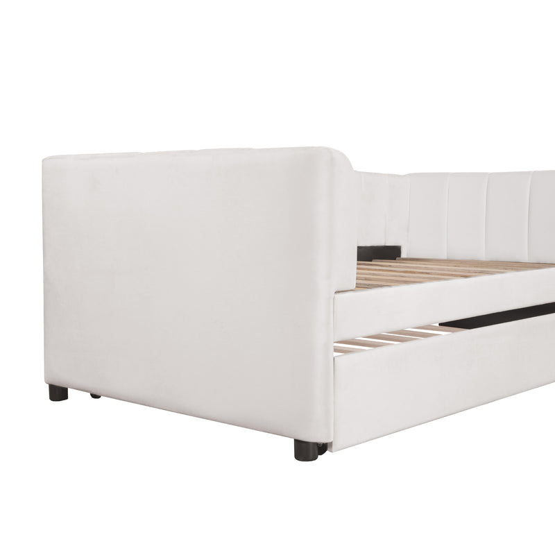 Twin Size Upholstered Daybed with Ergonomic Design Backrest and Trundle, Beige