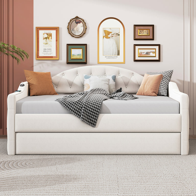 Twin Size Tufted Upholstered Daybed with Trundle ,Velvet Sofabed with USB&Type-C Charging Ports,No Box-spring Needed, Beige