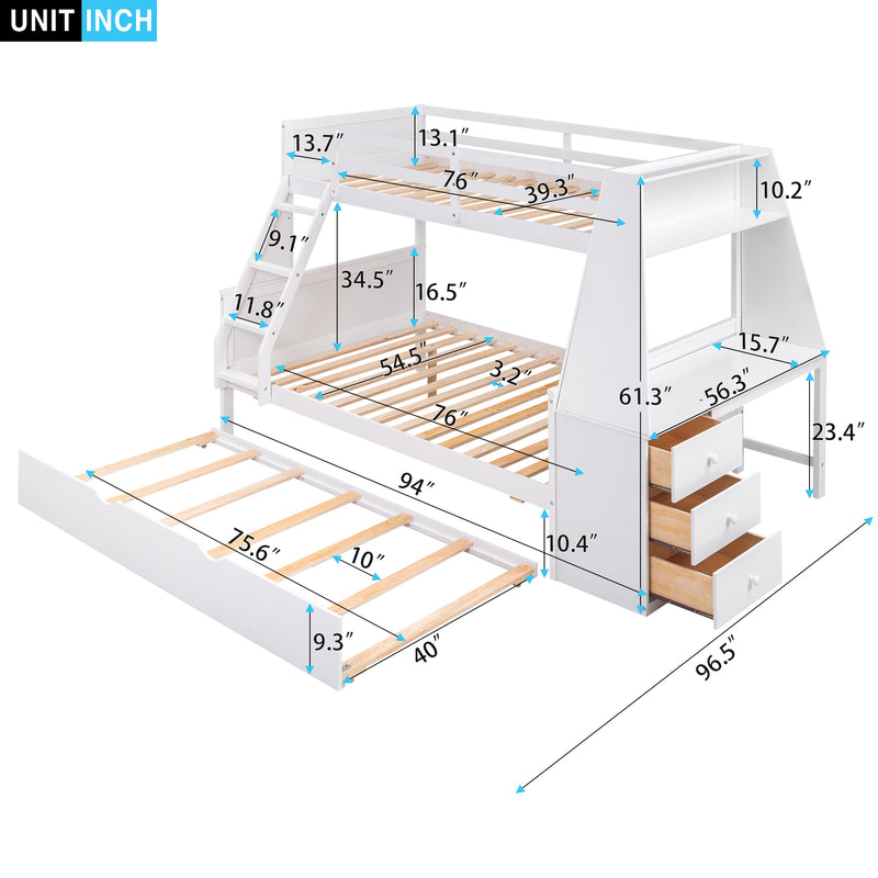 Twin over Full Bunk Bed with Trundle and Built-in Desk, Three Storage Drawers and Shelf,White