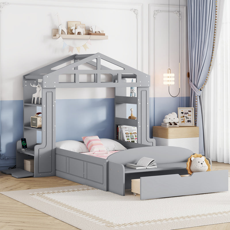 Twin Size House Bed with Bench, Socket and Shelves, Gray