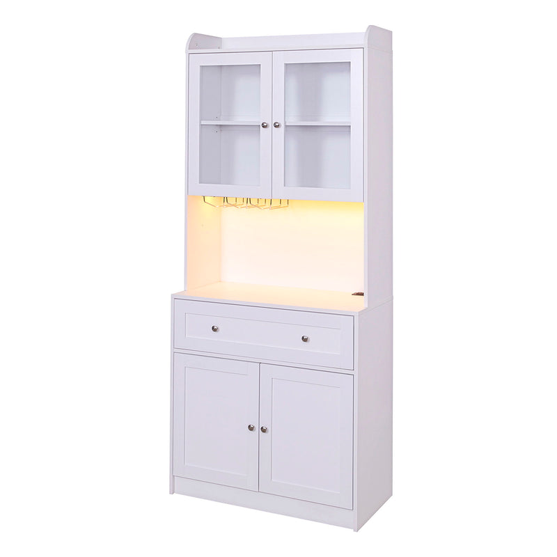 Tall Kitchen Pantry Storage Cabinet With Lights And Charging Station, Modern Kitchen Hutch Bar Cabinet With Microwave Stand, Wood Buffet Sideboard With 1 Drawer For Kitchen, Dining Room - White