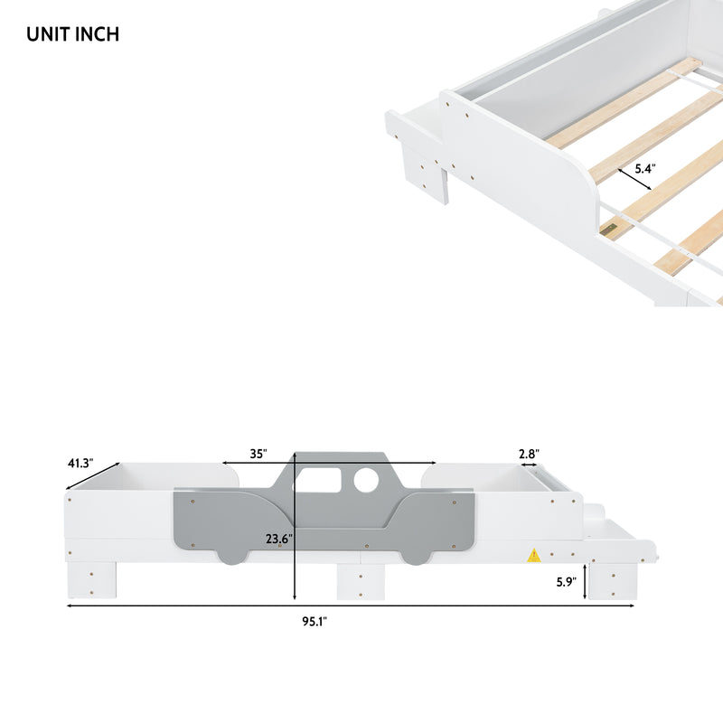 Car-Shaped Twin Wood Bed with Bench,White