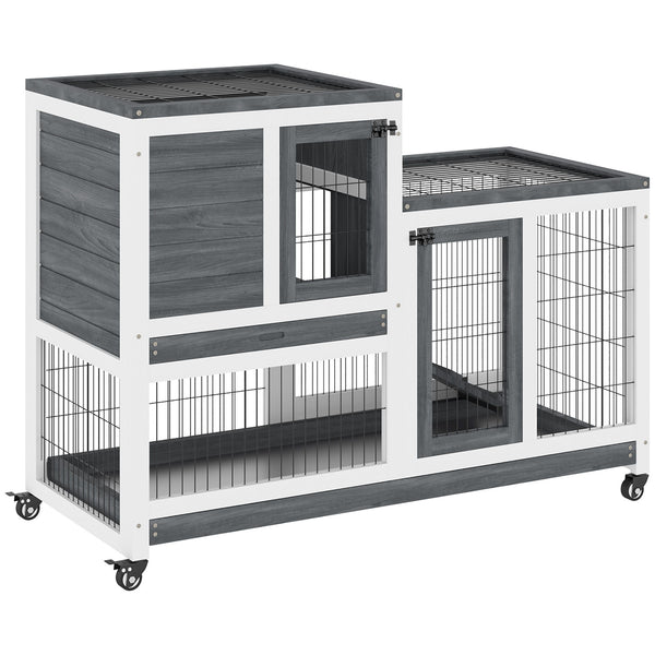 Pawhut - Wooden Rabbit Hutch Elevated Bunny Cage Indoor Small Animal Habitat With Enclosed Run With Wheels, Ramp, Removable Tray Ideal For Guinea Pigs - Gray