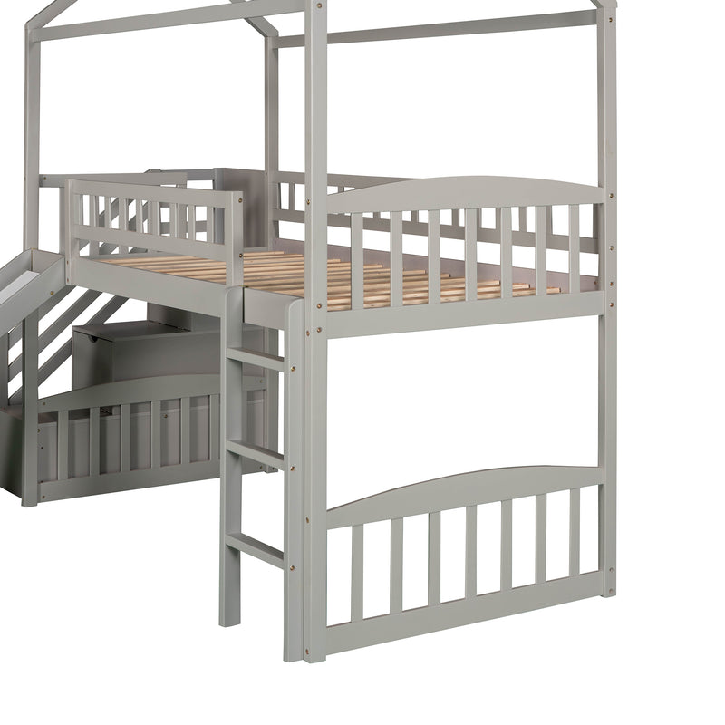 Twin Loft Bed with Two Drawers and Slide, House Bed with Slide, Gray (Old SKU: LP000130AAE)