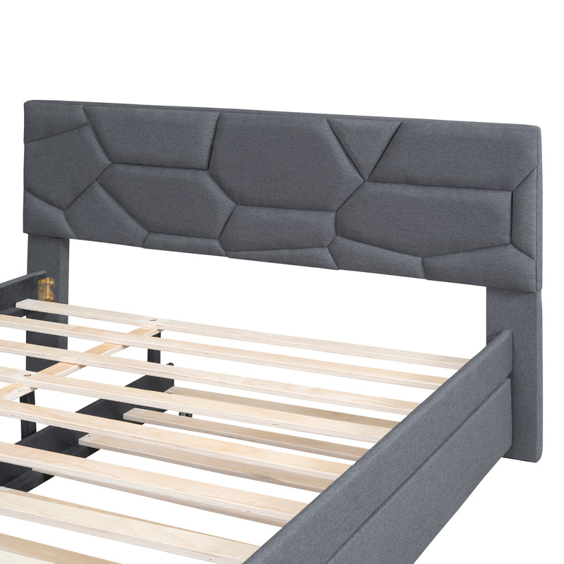 Queen Size Upholstered Platform Bed with Brick Pattern Headboard and Twin XL Size Trundle, Linen Fabric, Gray