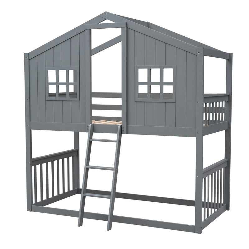 Twin Over Twin House Bunk Bed With Ladder, Wood Bed