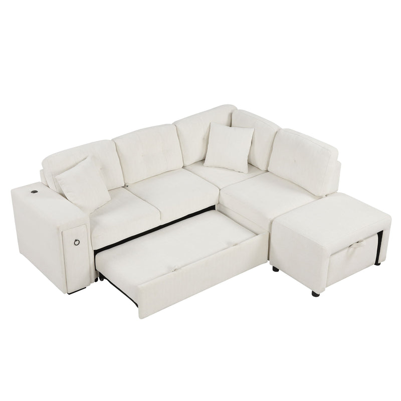 Sectional Sofa L-Shaped Sofa Couch Pull-Out Sofa Bed With A Movable Ottoman, Two USB Ports And Two Cup Holders For Living Room