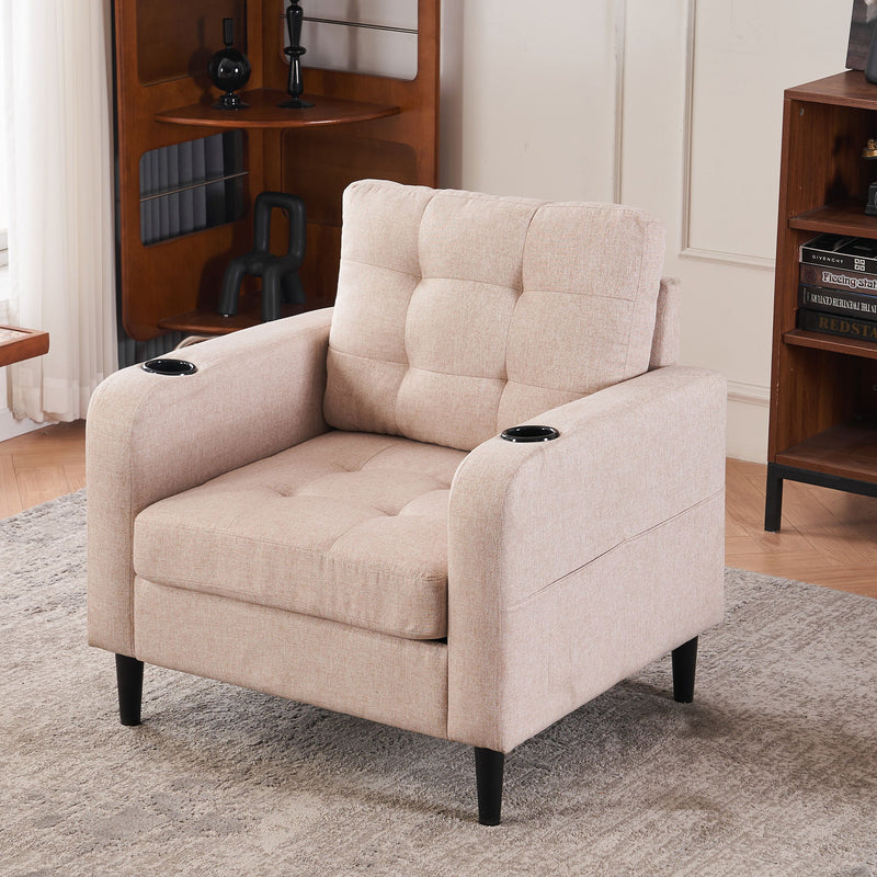 Upholstered Armchair And Storage Ottoman Set, Comfortable Single Sofa With Cup Holders And Tufted Detailing, Ideal For Living Room Or Bedroom