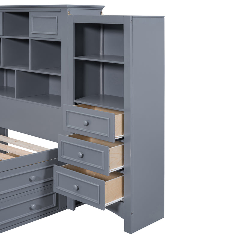 Twin Size Wood Platformbed with Vertical All-in-One Cabinet and 4 Drawers on each side, Gray