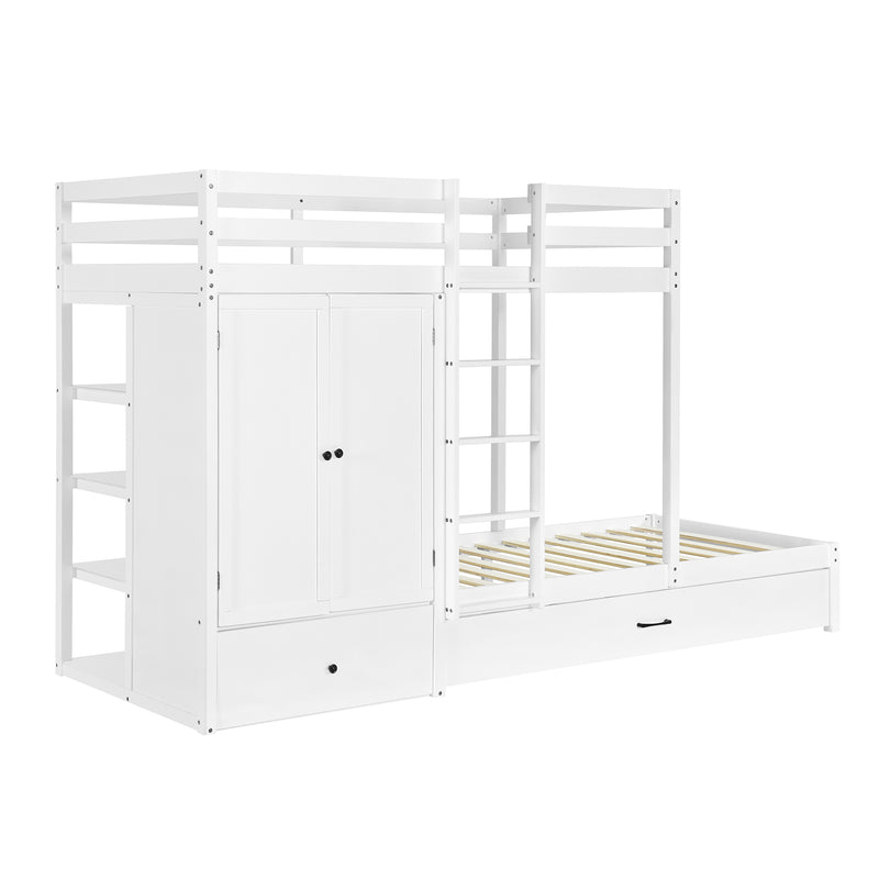 Twin-over-twin Bunk Bed with Wardrobe, Drawers and Shelves, White