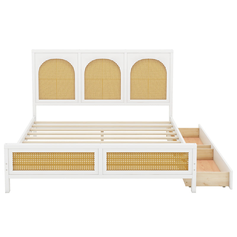 Queen Size Wood Storage Platform Bed with 2 Drawers, Rattan Headboard and Footboard, White