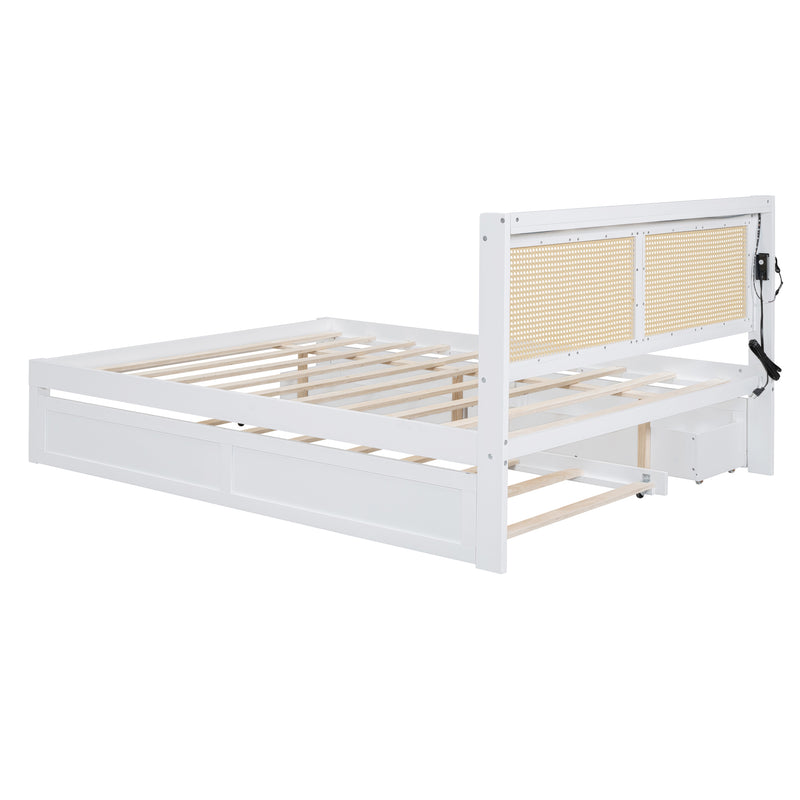 Queen Size Elegant Bed Frame with Rattan Headboard and Sockets ,White