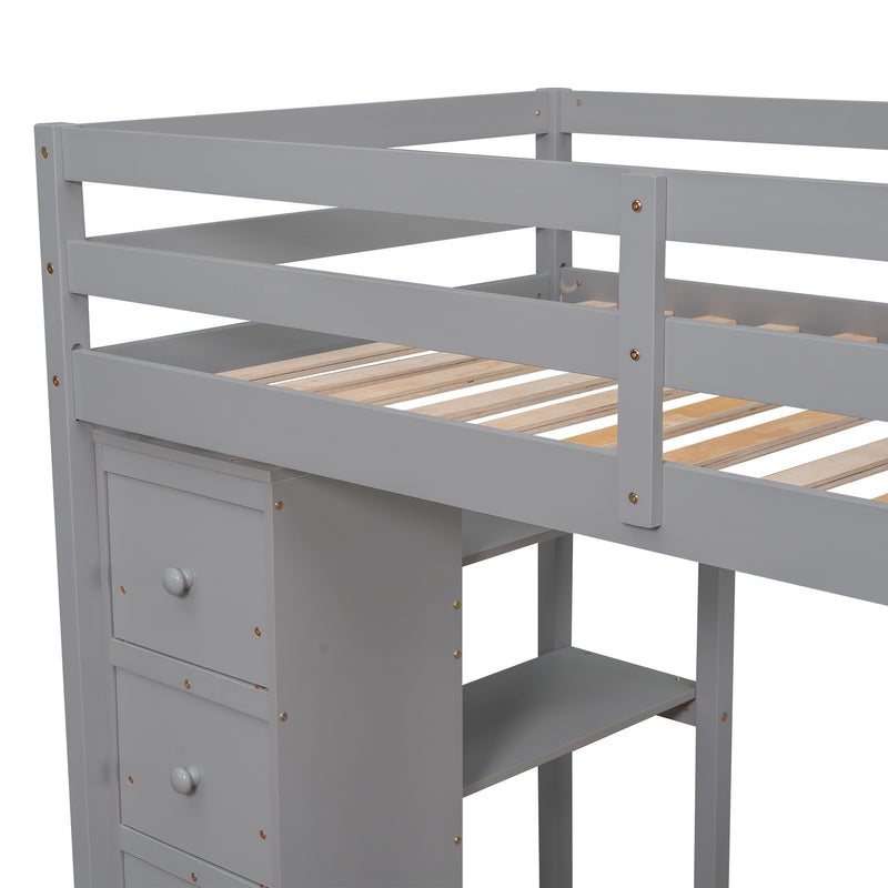 Twin size Loft Bed with Storage Drawers ,Desk and Stairs, Wooden Loft Bed with Shelves - Gray