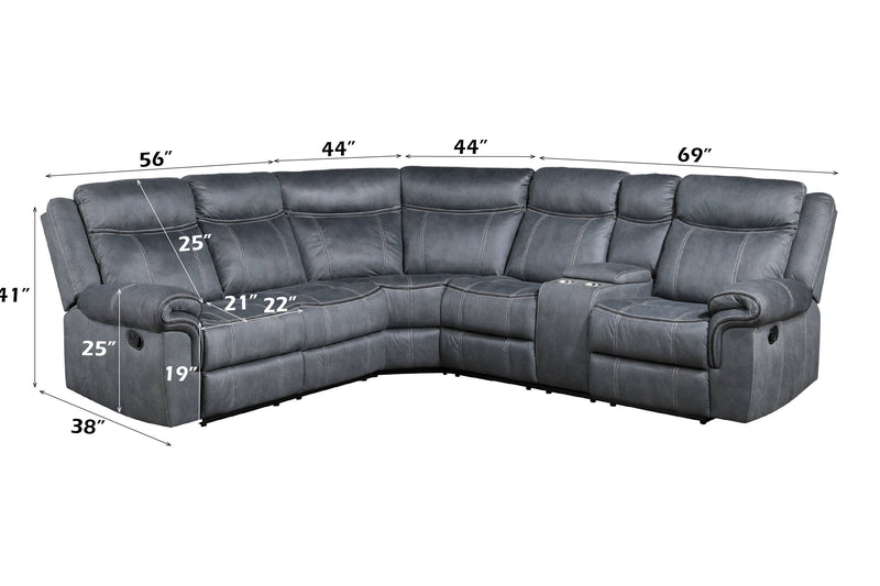 Dollum - Two Tone Nubuck Manual Recliner Sectional Sofa With USB Port Cupholder Console