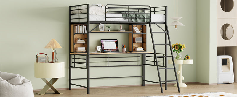 Twin Size Loft Bed with Desk and Shelf , Loft Bed with Ladder,Twin,Black