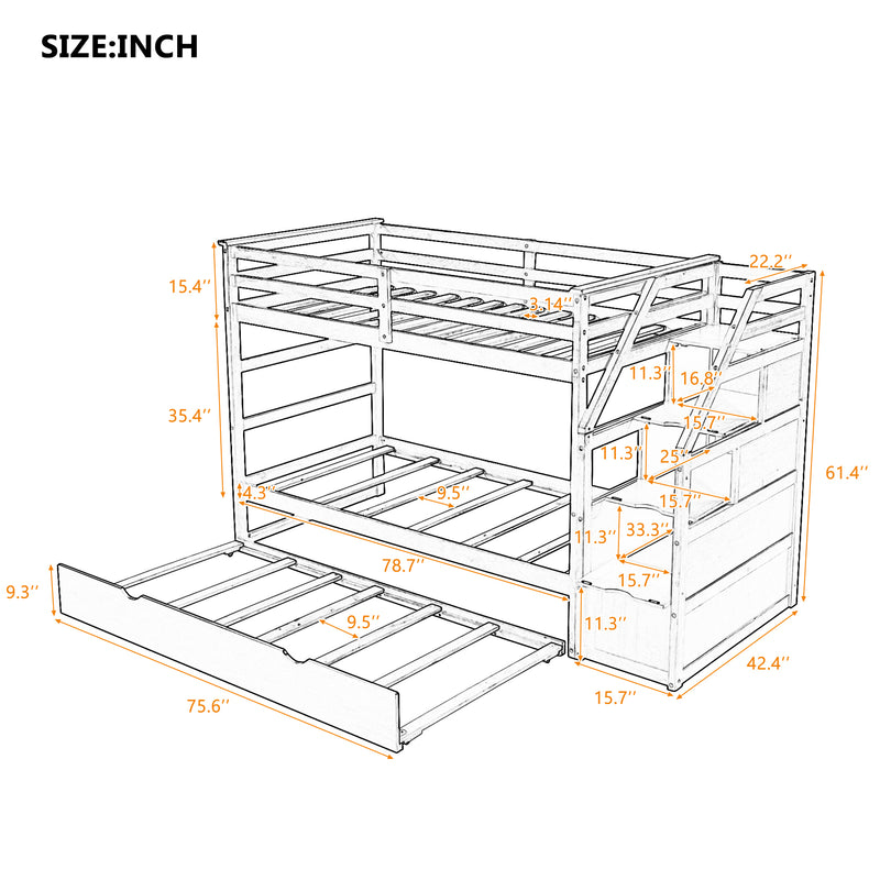 Twin-Over-Twin Bunk Bed with Twin Size Trundle and 3 Storage Stairs,Espresso (OLD SKU :LP000064AAP)