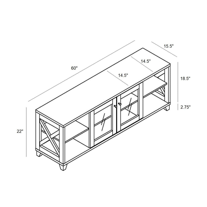 Farmhouse Home Entertainment Center, TV Stand With 4 Shelves And Transparent Center Cabinet - White Oak