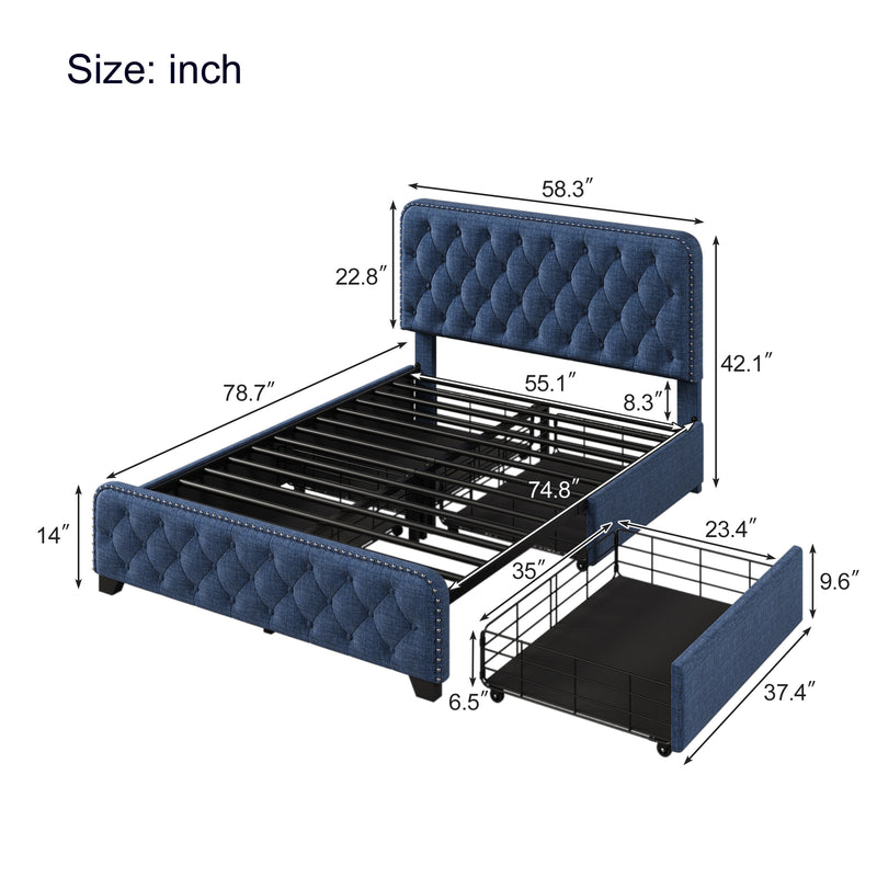 Upholstered Platform Bed Frame with Four Drawers, Button Tufted Headboard and Footboard Sturdy Metal Support, No Box Spring Required, Blue, Full (Old sku:BS300281AAC)