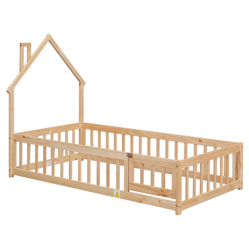 Twin House-Shaped Headboard Floor Bed with Fence
,Natural