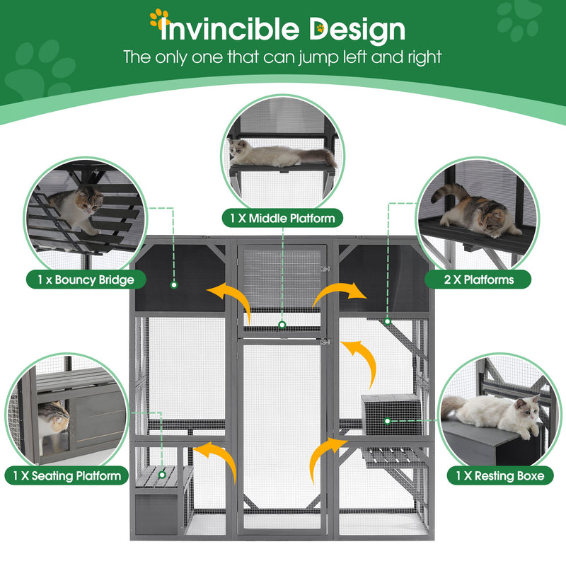 Outdoor Wooden Cat House Catio Enclosure With Super Large Enter Door Cat Kennel With Bouncy Bridge, Platforms And Small Houses Walk In Kitten Cage With Sunshine Board - Dark Gray