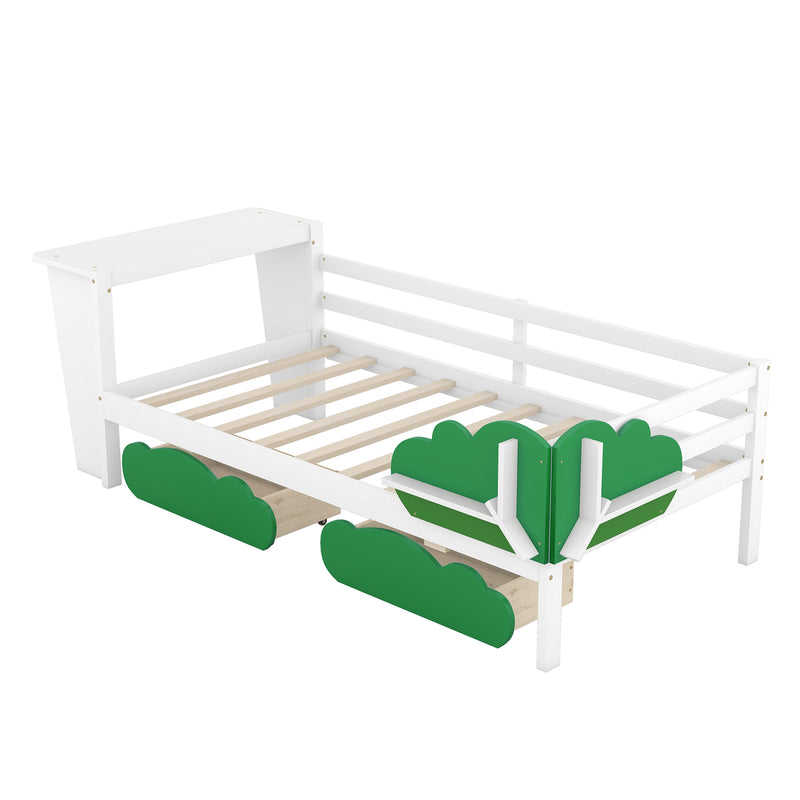 Twin Size Daybed with Desk, Green Leaf Shape Drawers and Shelves, White