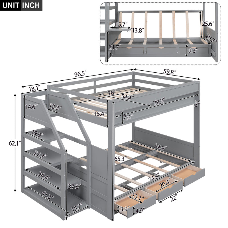 Wood Full Size Convertible Bunk Bed with Storage Staircase, Bedside Table, and 3 Drawers, Gray