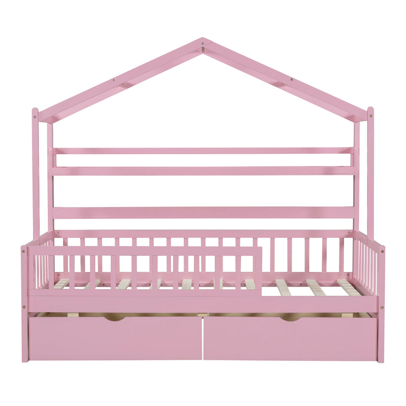 Wooden Twin Size House Bed with 2 Drawers,Kids Bed with Storage Shelf, Pink