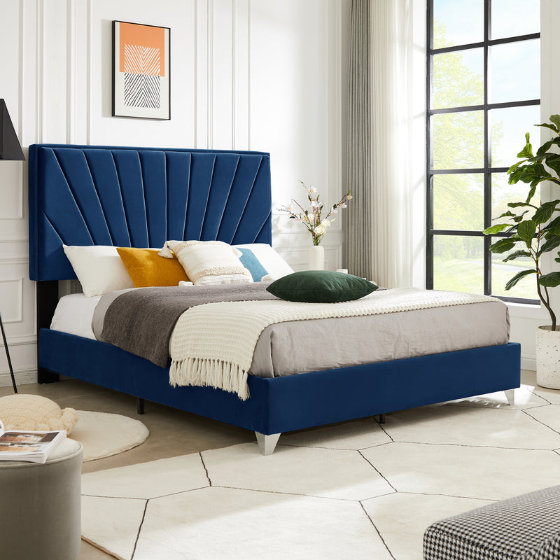 B108 Full bed Beautiful line stripe cushion headboard , strong wooden slats + metal legs with Electroplate