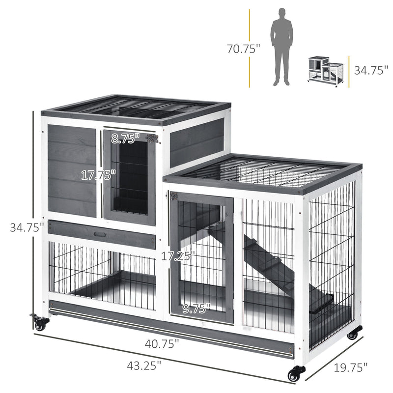 Pawhut - Wooden Rabbit Hutch Elevated Bunny Cage Indoor Small Animal Habitat With Enclosed Run With Wheels, Ramp, Removable Tray Ideal For Guinea Pigs - Gray