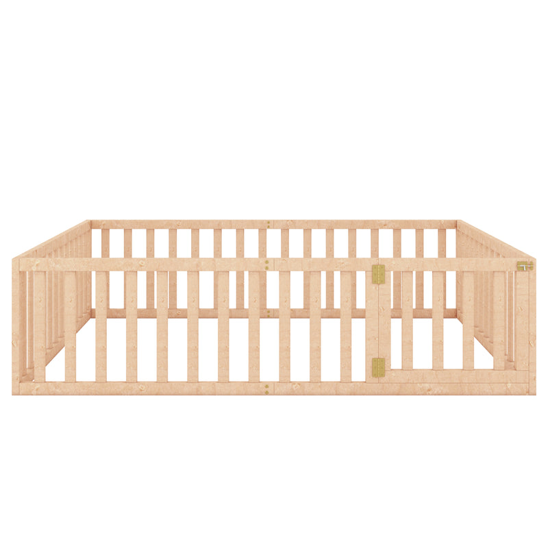 Queen Size Wood Floor Bed Frame with Fence and Door, Natural(OLD SKU:WF289663AAM)