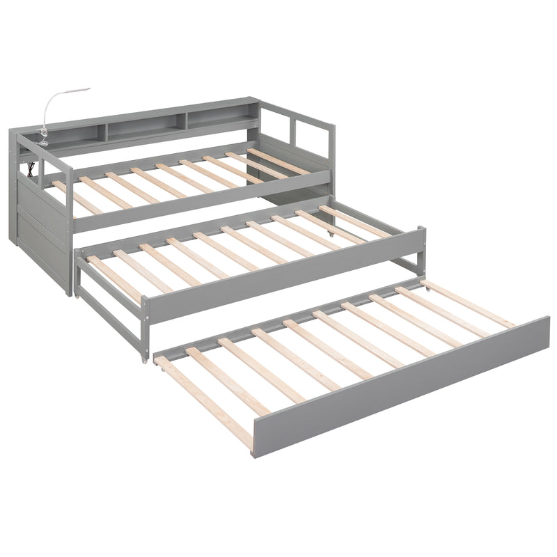 Twin XL Wood Daybed with 2 Trundles, 3 Storage Cubbies, 1 Light for Free and USB Charging Design, Gray