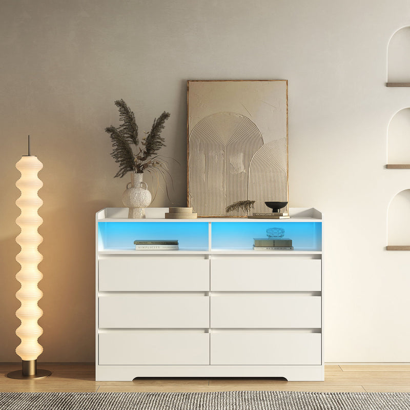 6 Drawer Dresser For Bedroom With LED Lights, Sturdy Frame - White