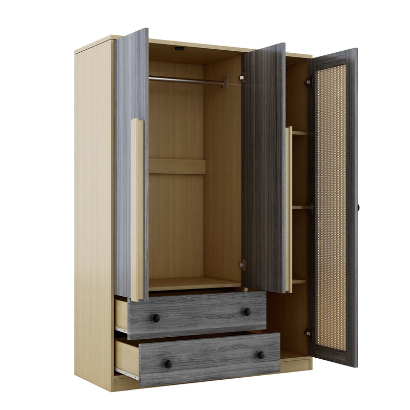 3 Doors Rattan Wardrobe Storage For Bedroom, With 2 Drawers