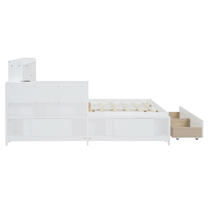 Platform Bed With Multi Functional Storage Space, Nightstand, 2 Drawers, USB Ports And Desk