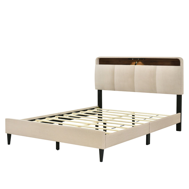 Queen size Upholstered Platform Bed with Storage Headboard, Sensor Light and a set of Sockets and USB Ports, Linen Fabric, Beige