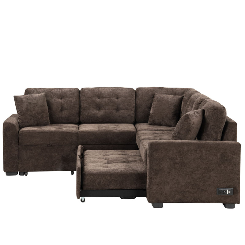 L-Shape Sofa Bed Pull-Out Sleeper Sofa With Wheels, USB Ports, Power Sockets For Living Room