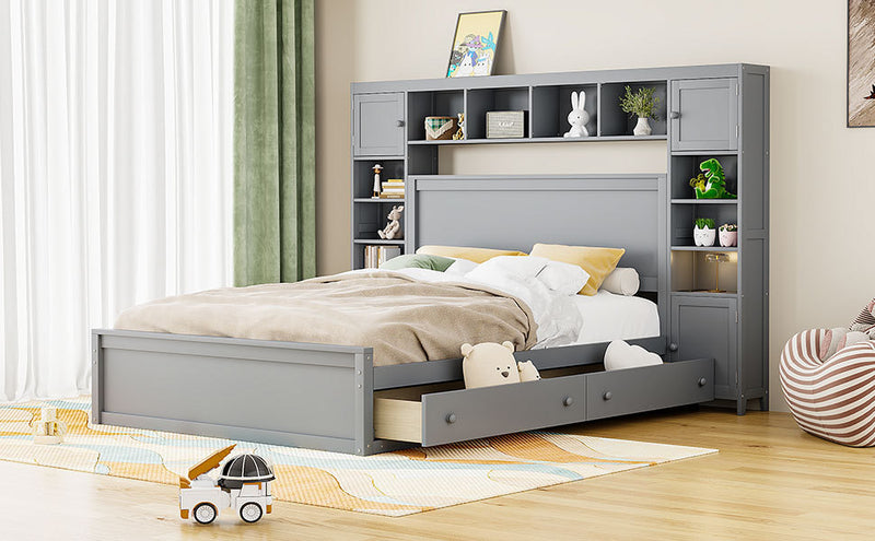 Queen Size Wooden Bed With All-in-One Cabinet, Shelf and Sockets, Gray