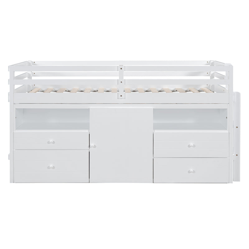 Twin Size Loft Bed with 4 Drawers, Underneath Cabinet and Shelves, White