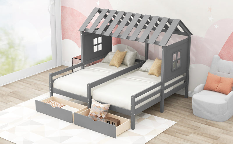 Twin Size House Platform Beds with Two Drawers for Boy and Girl Shared Beds, Combination of 2 Side by Side Twin Size Beds, Gray(old sku: GX000927AAE)