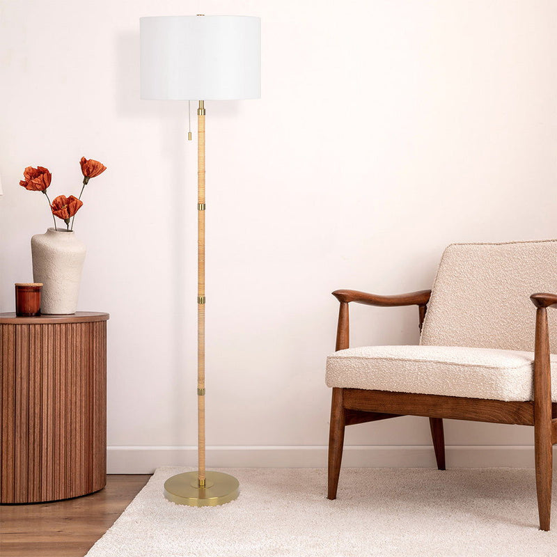 Stellar - Linen Shade Floor Lamp - Gold / Natural Wood / Rattan / White