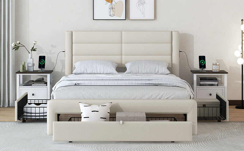 Queen Size Bed Frame with Drawers Storage, Leather Upholstered Platform Bed with Charging Station,Beige